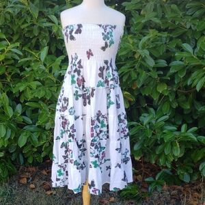 Smocked Strapless Dress Buttery Print Size Medium Tiered Layers Lined